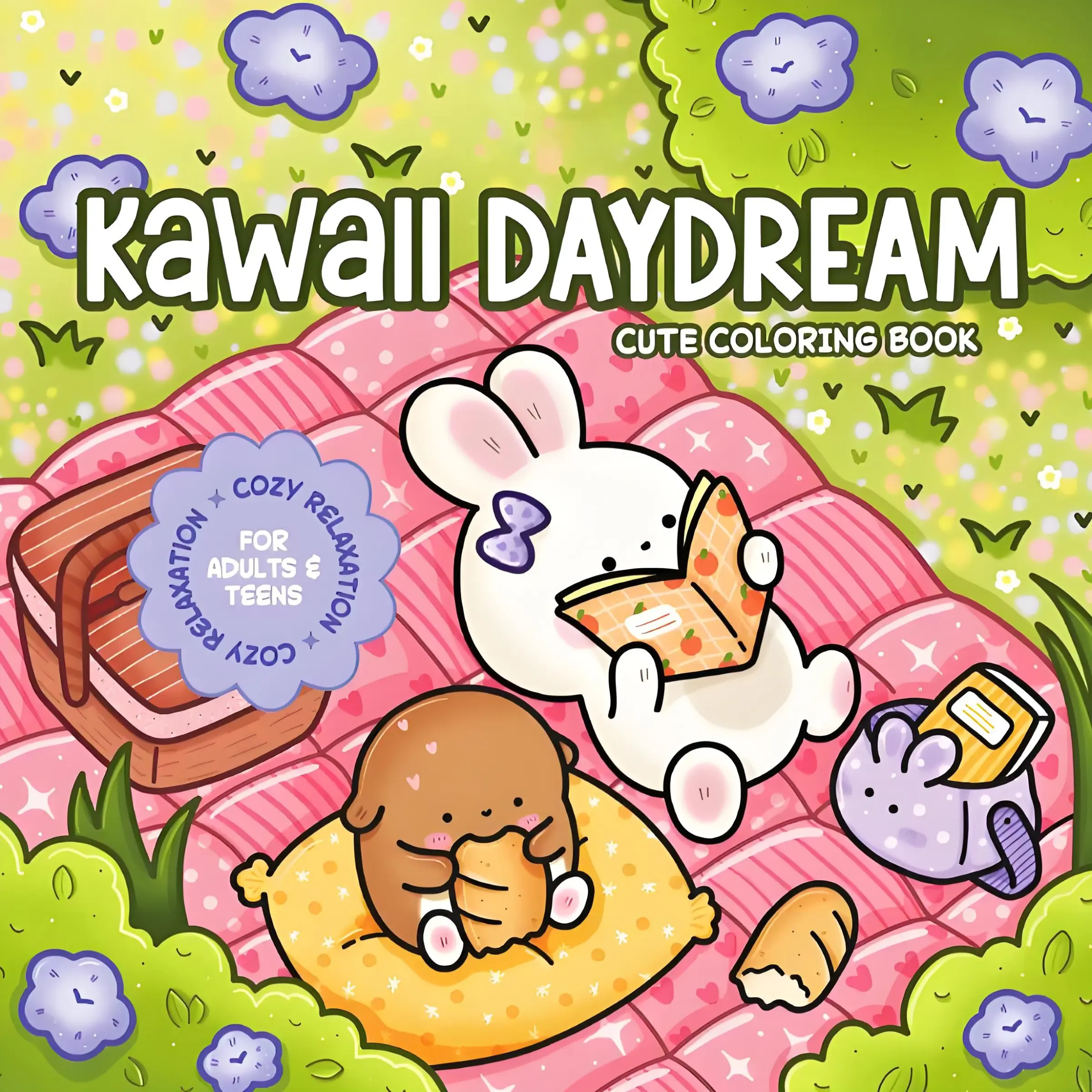 Kawaii Daydream Cute Coloring Book, Cozy Relaxing Bunny Bear Picnic Daydream Coloring Pages for Adults & Teens, Stress Relief Cottagecore Aesthetic Kawaii Animal Coloring Book, ASMR Relax Art Activity Book Leisure Holiday Gift,Back-to-school gifts