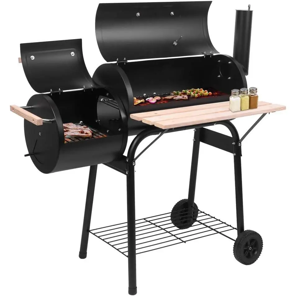 Outdoor Grill with Offset Smoker, Wheels, and Tray – BBQ Charcoal Grill for Balcony Picnics and Camping
