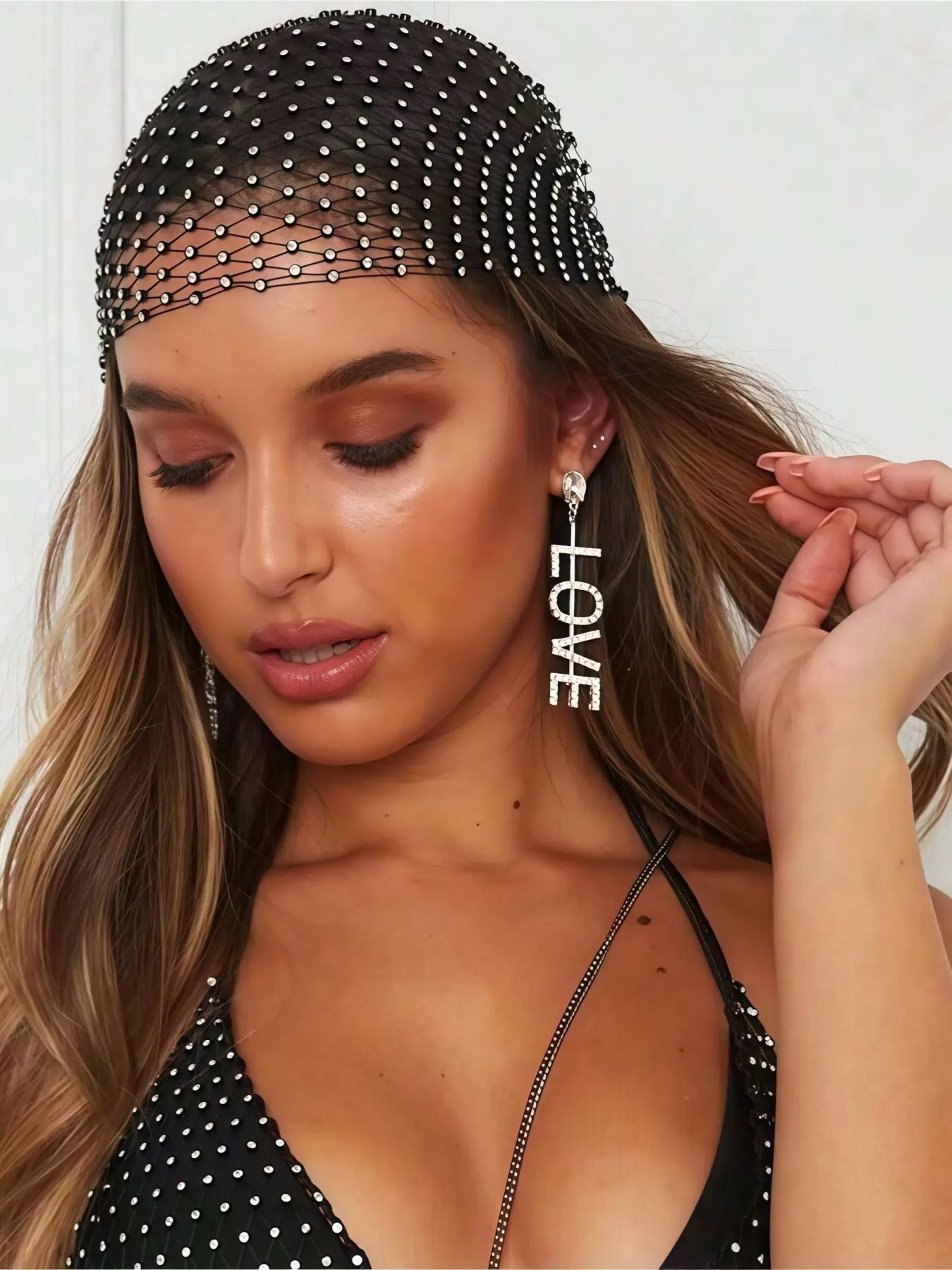 Rhinestone Crystal Embellished Fishnet Hair Scarf, Glittering Mesh Veil Headband, Elastic Hairband, Bridal Headpiece, Personalized Hair Accessories, Boho Hair Accessories, Suitable For Ladies' Daily Wear, Dance, Wedding, Party, Events Valentine's Day