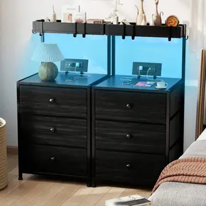 White LED Nightstands for Bedroom Set of 2 - Bedside Tall End Tables with Charging Station, 3 Fabric Drawers, Open Storage Shelf