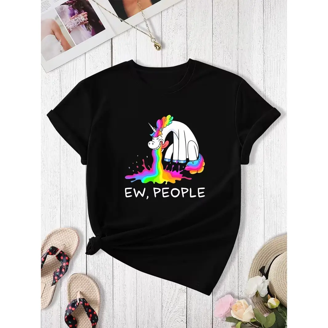 Oversized Soft Cotton Graphic T Shirt Ew People Rainbow Barf Unicorn Funny Introvert Meme Printed Craft Cute Fashion Casual Outfit Relaxed Breathable Summervibes Top Perfect Gift For Introverts Men Women Friends Birthday Holiday Humor Short Sleeve Tee