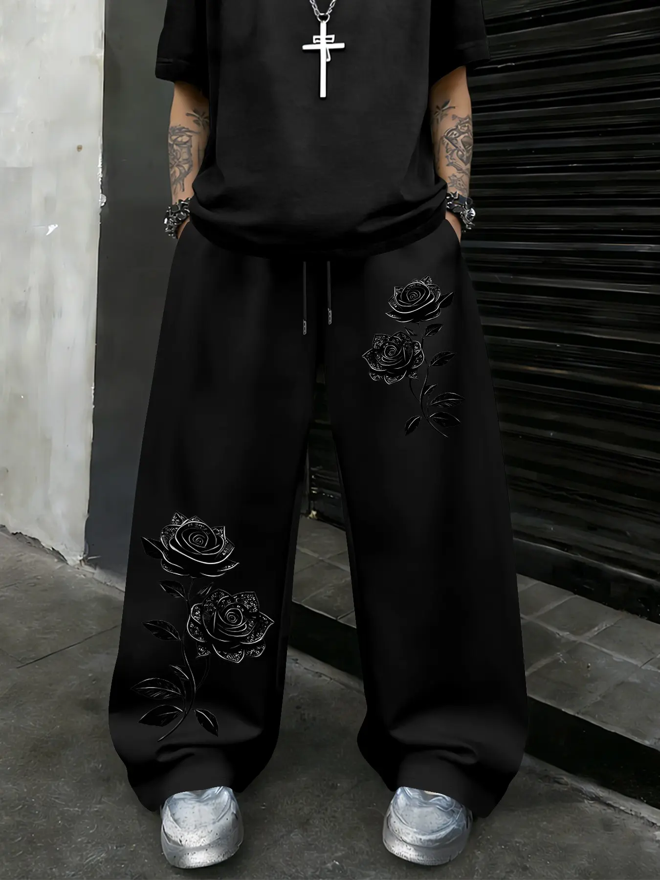 Men's Sporty Loose-Fit Adjustable Drawstring Sweatpants, Vintage Rose Print, Drawstring Waist, Pocket Design, Casual Long Pants, Athleisure Pants for All Seasons