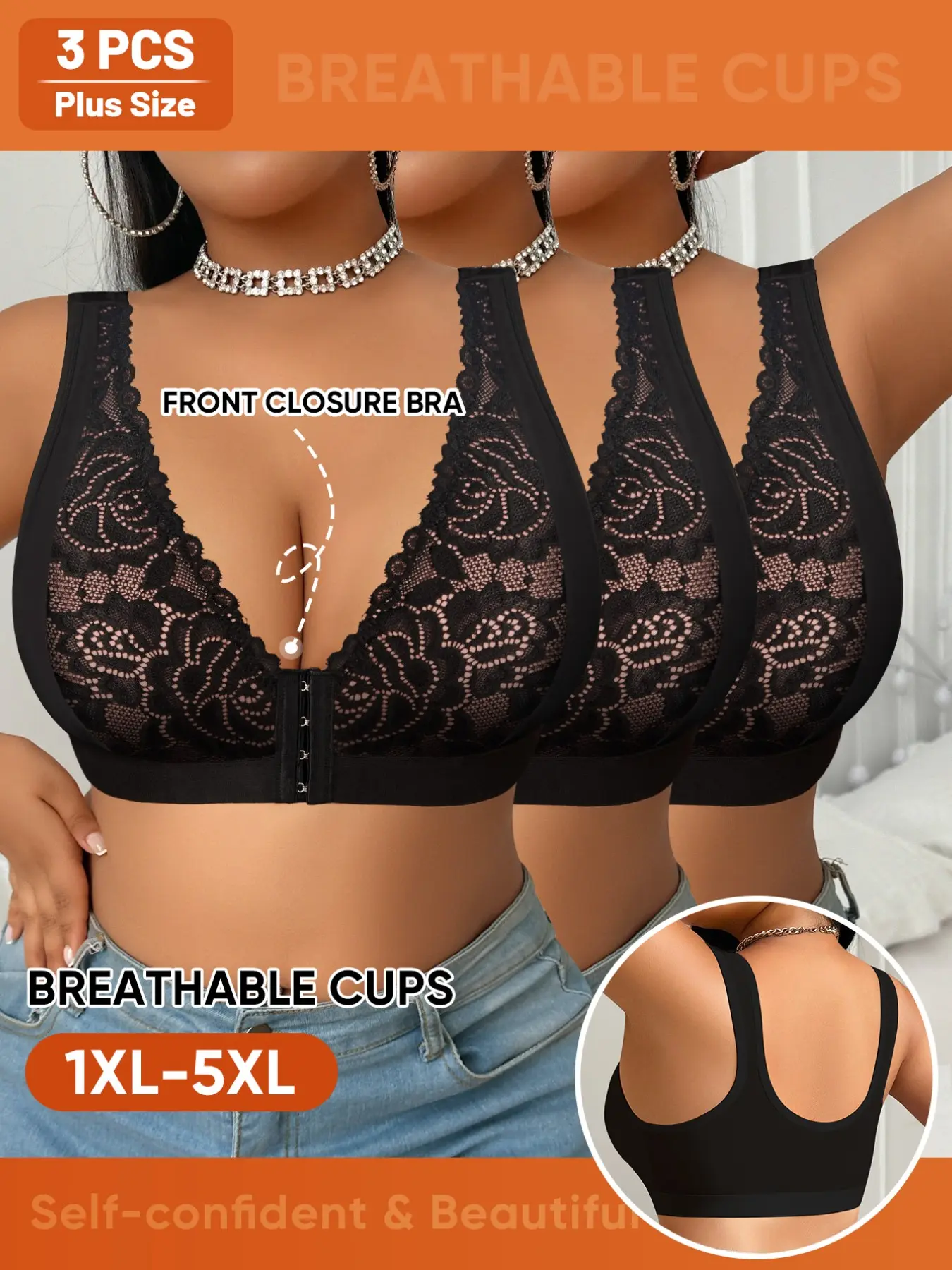 3-Pack Plus Size Wireless Bras, Breathable Lace Sleepwear, Full Coverage, Medium Support, Casual Style, All Seasons, Women's Undergarments