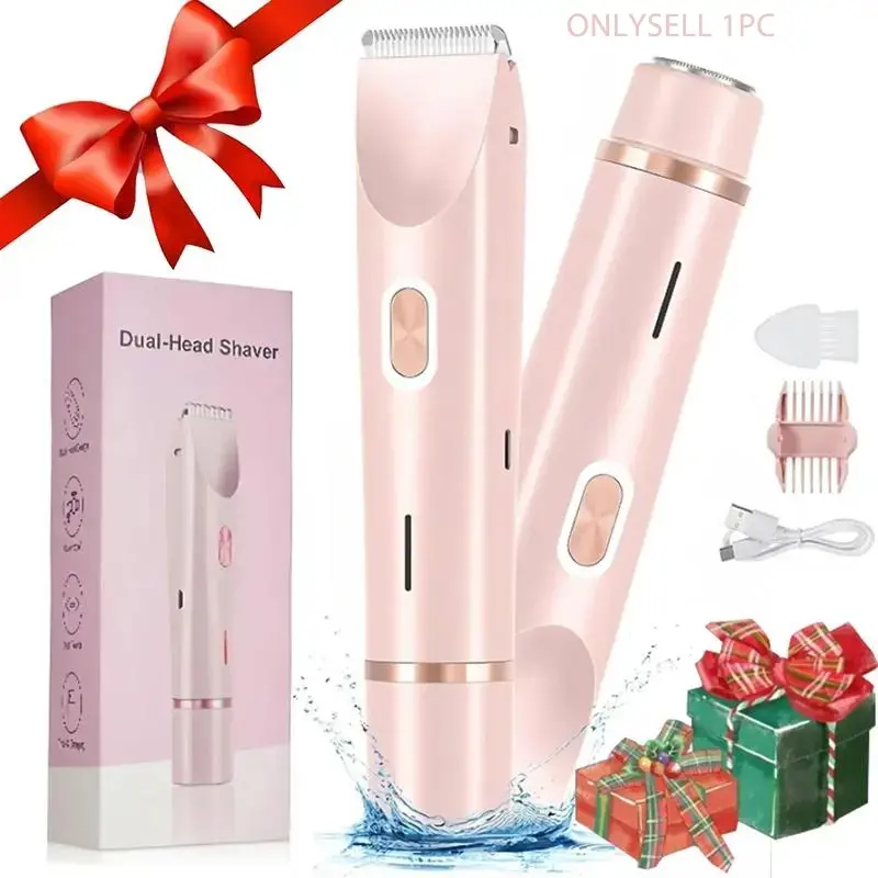 Bikini Trimmer for Women, Electric Shaver and Razor Rechargeable 2-in-1 Body and Facial Epilator, Dual Heads Wireless Trimmer for Painless Trimming of Pubic Hair, Face, Underarms and Legs, Summer Gift