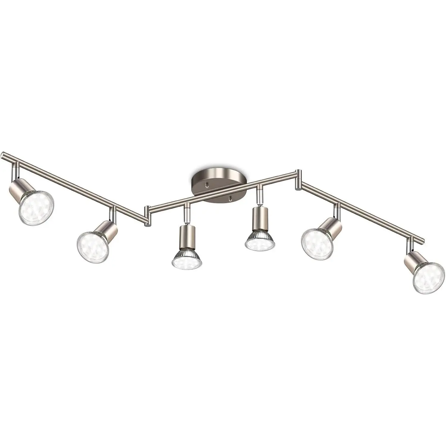 6-Light LED Track Lighting Kit, Flexibly Rotatable Light Heads, 6 Way Ceiling Spotlight Matt Nickel Finish, Including 6 GU10 LED Bulbs (4W 400LM Daylight White 5000K)