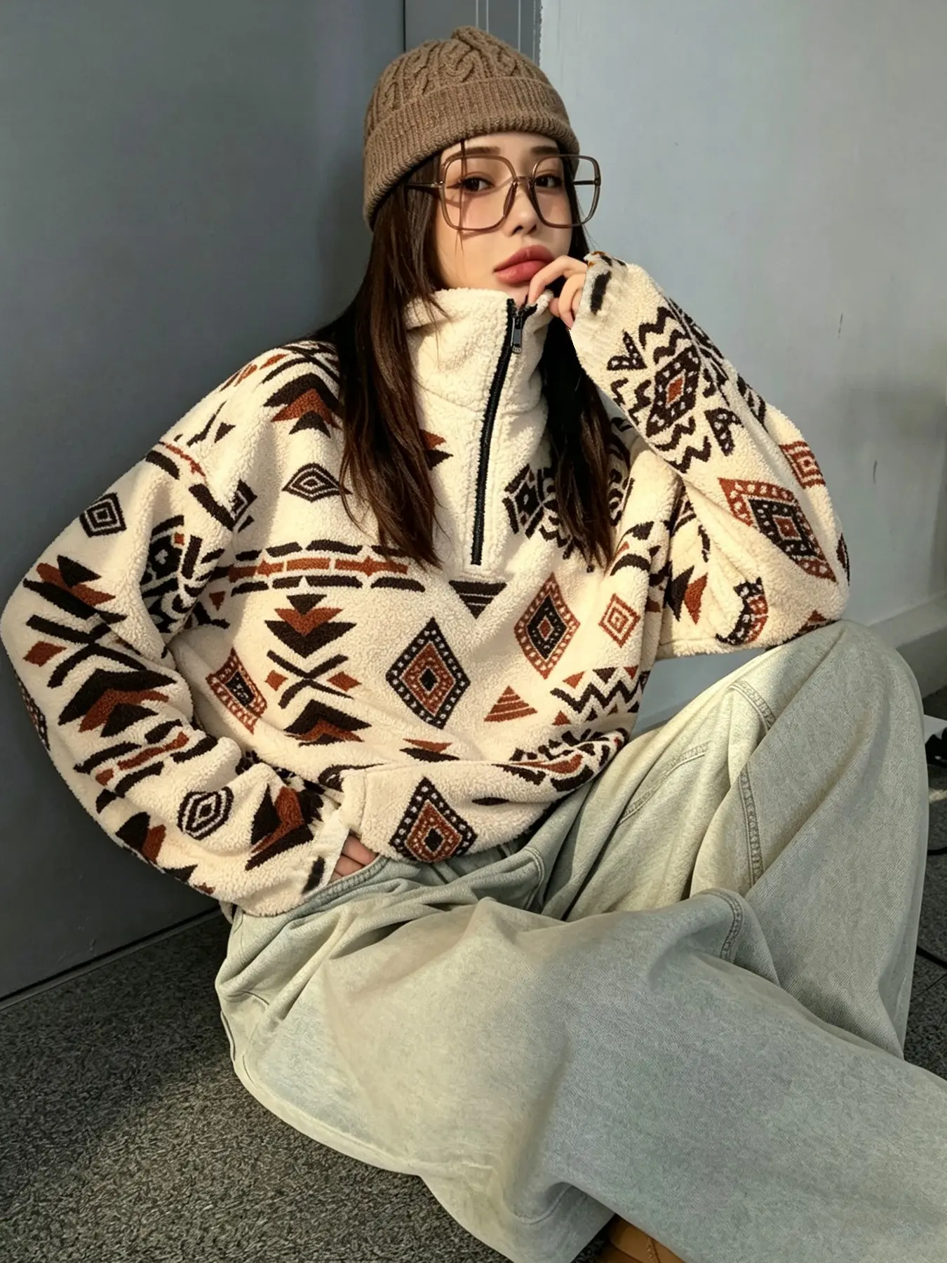 Unisex Sheepskin Coat, Vintage Ethnic Pattern, Loose Fit, Long Sleeve, High Neck, Half Zip, Kangaroo Pocket, Winter Fashion, Daily Wear