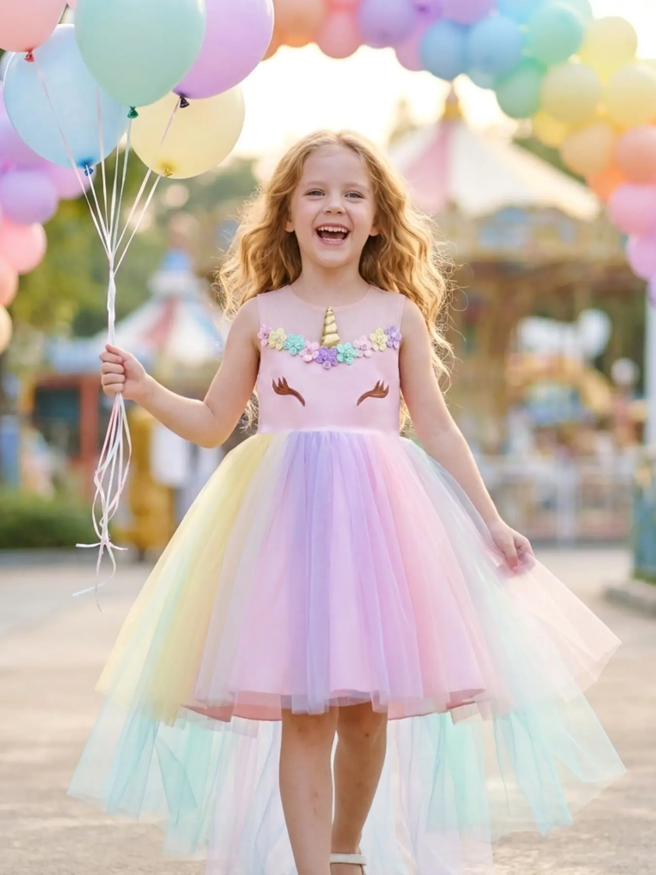Dreamy Unicorn Fairy Tale Girl Gradual Rainbow Tutu Dress, 3D Flower Gold Horn Front Short Back Long Tailcoat, Halloween Stage Walk Show Flower Child Costume