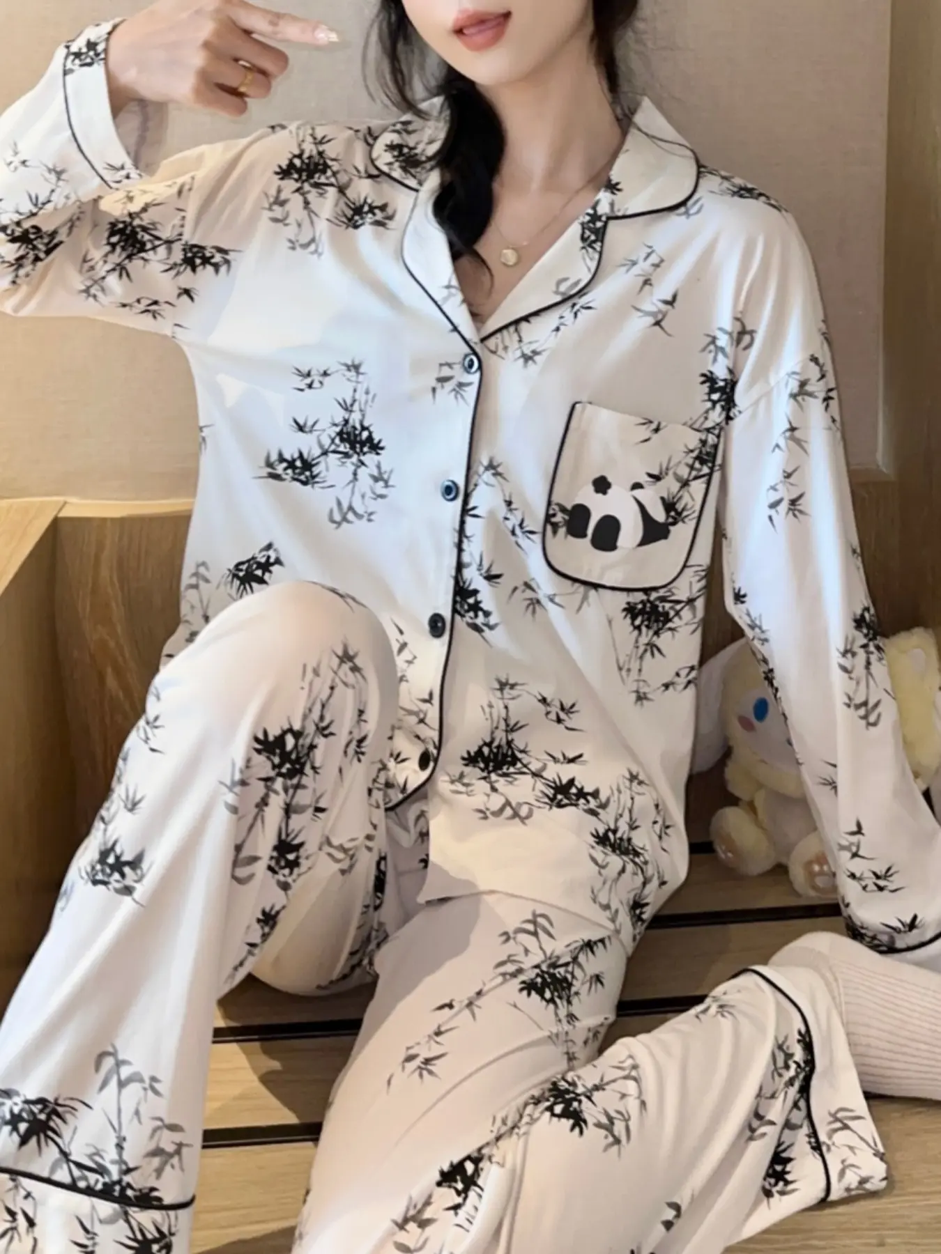Women's 2-Piece Pajama Set, Elegant Panda Bamboo Print, Pocketed Collared Sweater, Long Sleeve & Pants, Easy Care Fabric