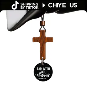 Daily Bible Verse Rearview Mirror Cross Ornament – Daily Scripture Car Charm Hanging Cross for Car with “I Am with You Always” Medallion