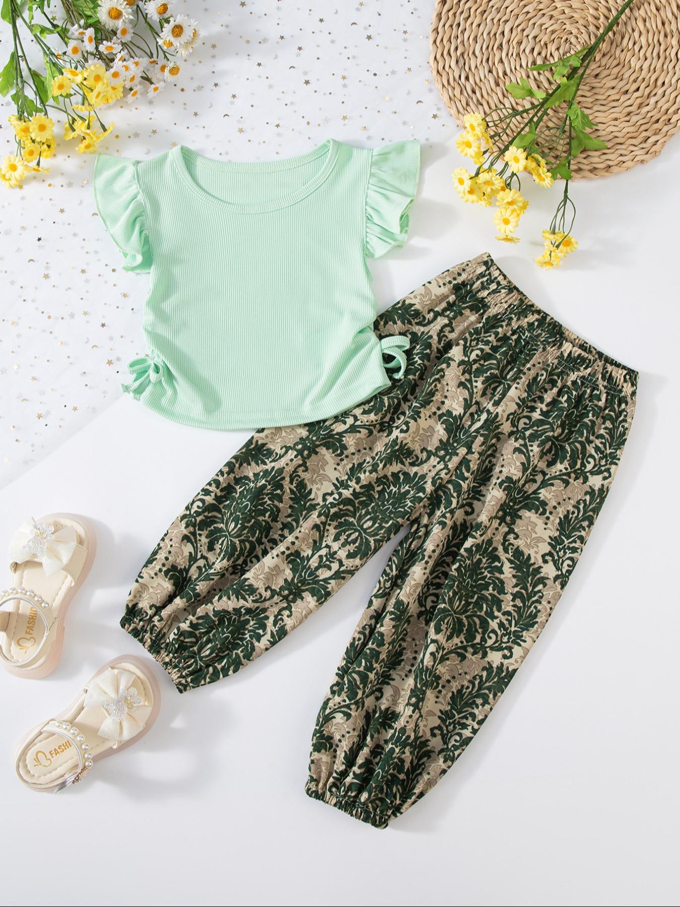 Toddler Girl's Ditsy Floral Print Frill Trim Ruffle Tee & Pants Set, Casual Soft Comfy Short Sleeve T-shirt & Trousers for Summer, Kids Clothes for Daily Wear