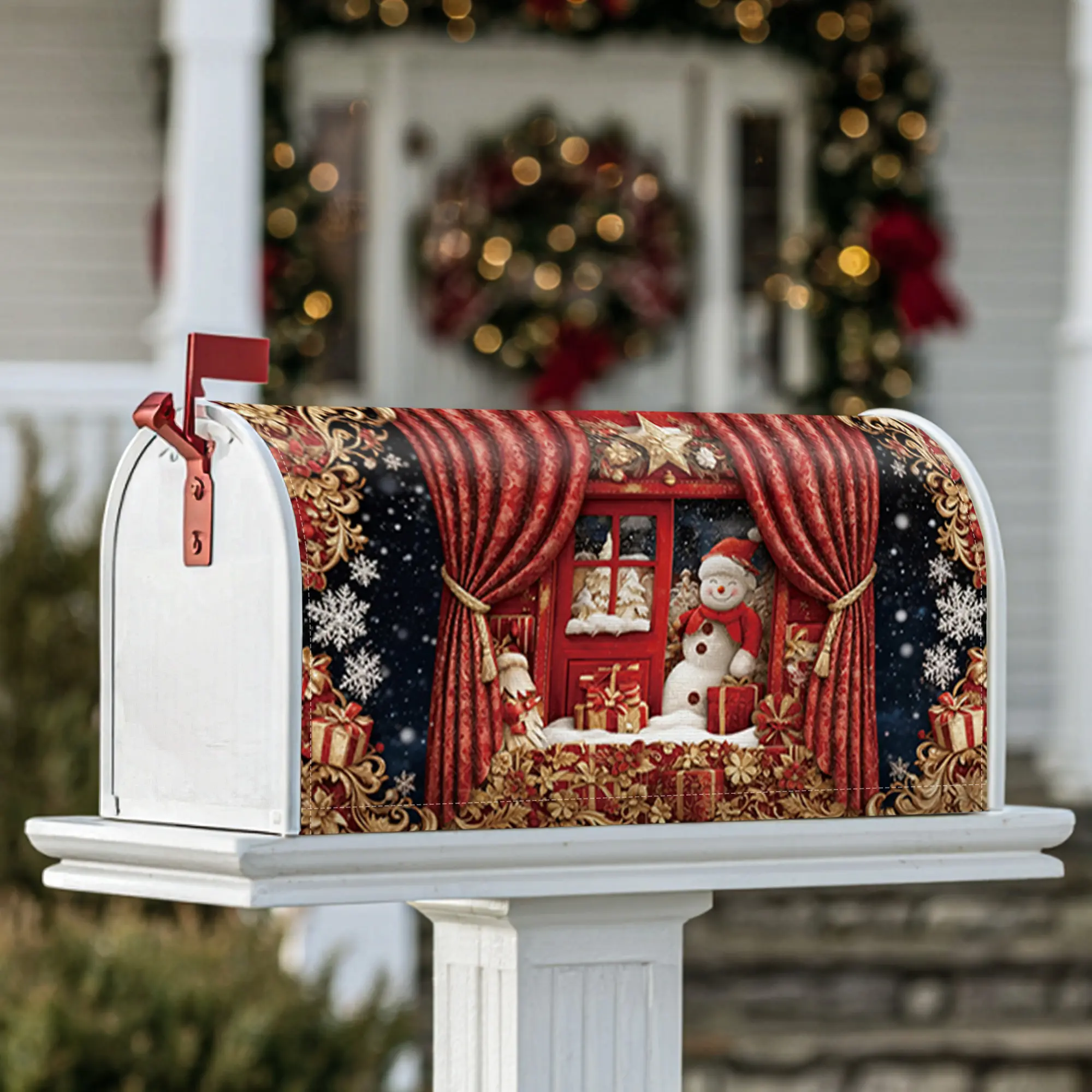 snowman Magnetic Mailbox Covers, Christmas festive gifts curtains Christmas red Mailbox Wraps for Lawn Decoration