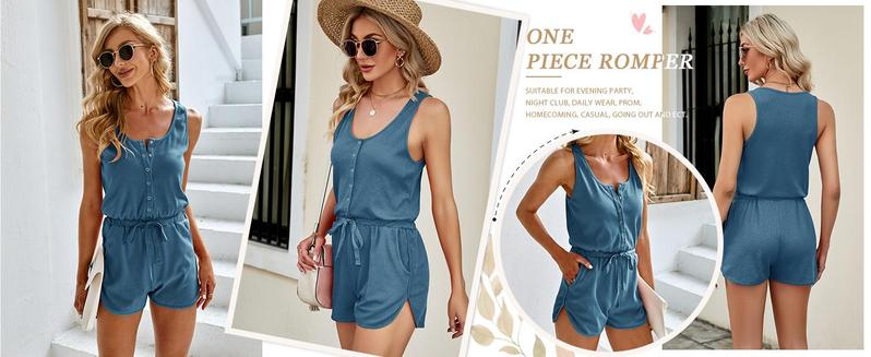 Imily Bela Women's Summer Scoop Neck Sleeveless Button Down Tank Top Rompers Elastic Waist Shorts Outfits with Pockets