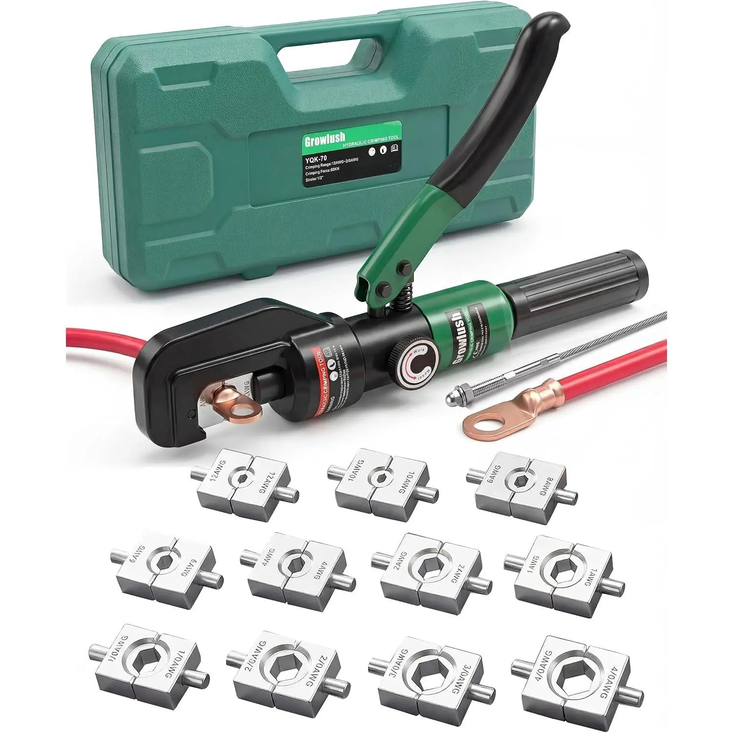 Cable Crimping Tool Battery Cable Terminal Crimper 12 AWG–4/0 AWG US Standard AWG Dies 10-Ton Hydraulic Copper Cable Lugs Crimper for US Standard Cable 12 ga-4/0 ga