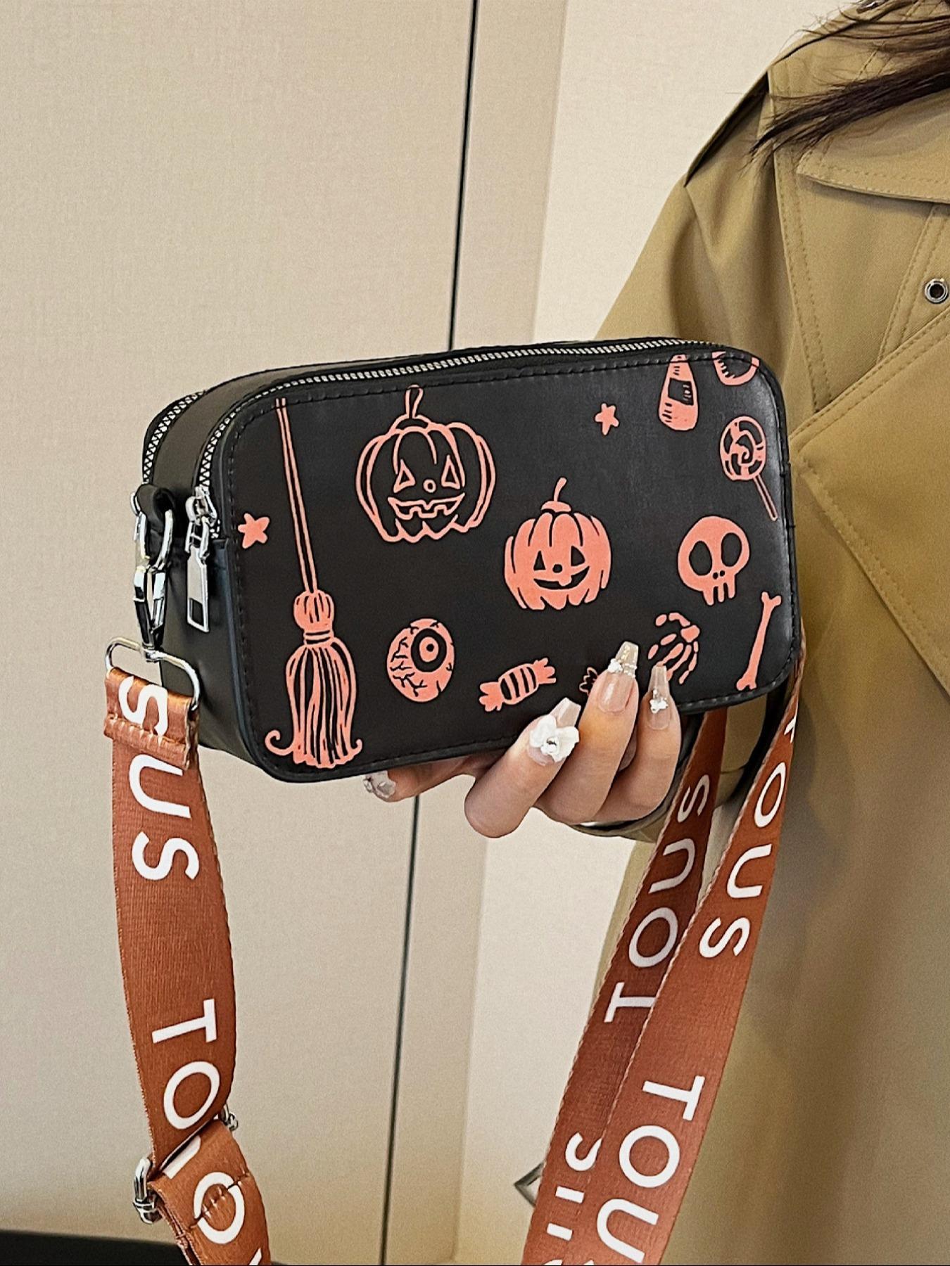 Skeleton & Pumpkin Pattern Crossbody Bag, Fashionable PU Leather Zipper Shoulder Bag for Women, Casual Trendy Versatile High-quality Daily Commuting Bag As Halloween Gift