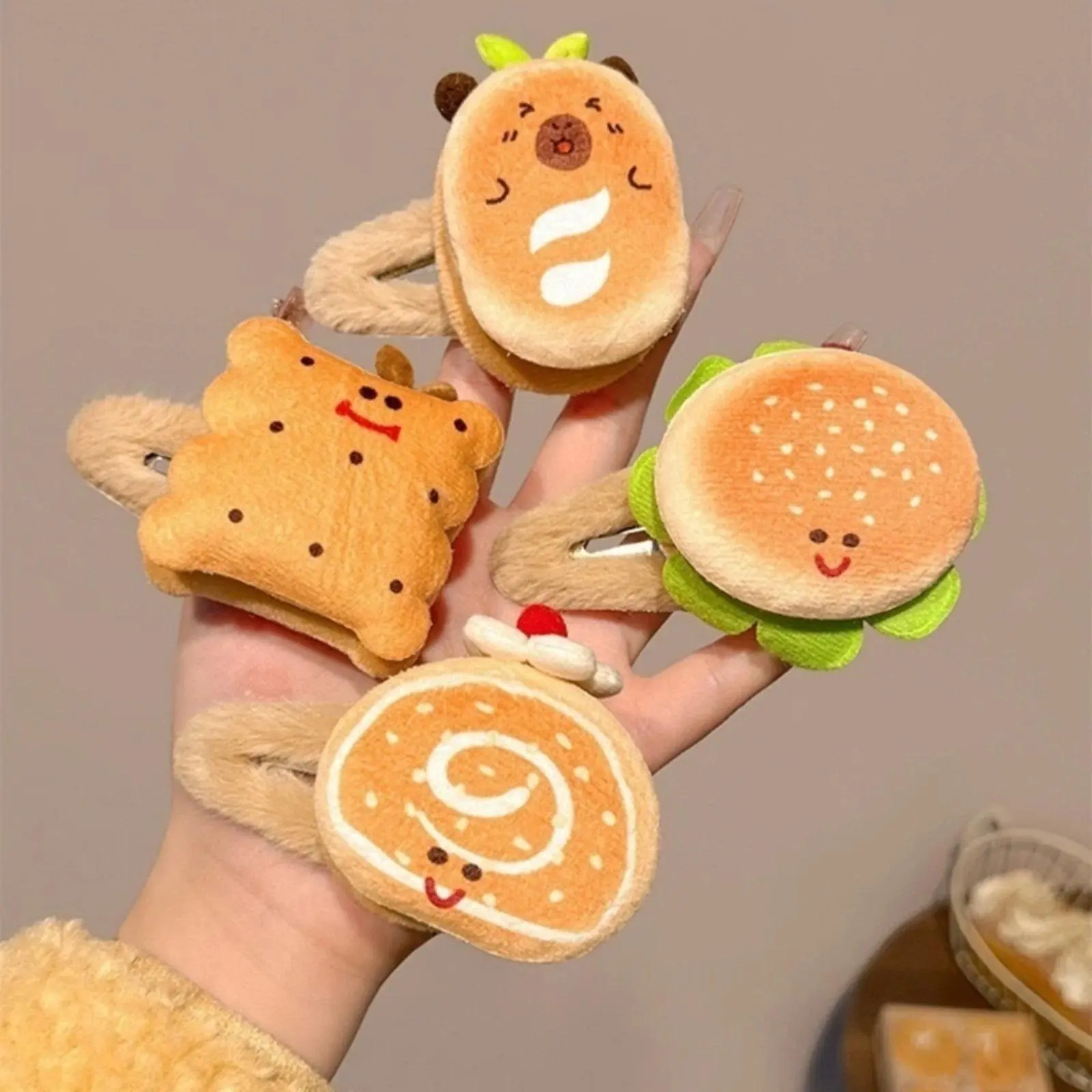 4-Piece Soft Touch Fuzzy Texture Food Shape Hair Clips Set - Kawaii Bread/Burger/Pastry Barrettes, Bag Charm Accessories for Kids, Daily Styling & Party Gifts