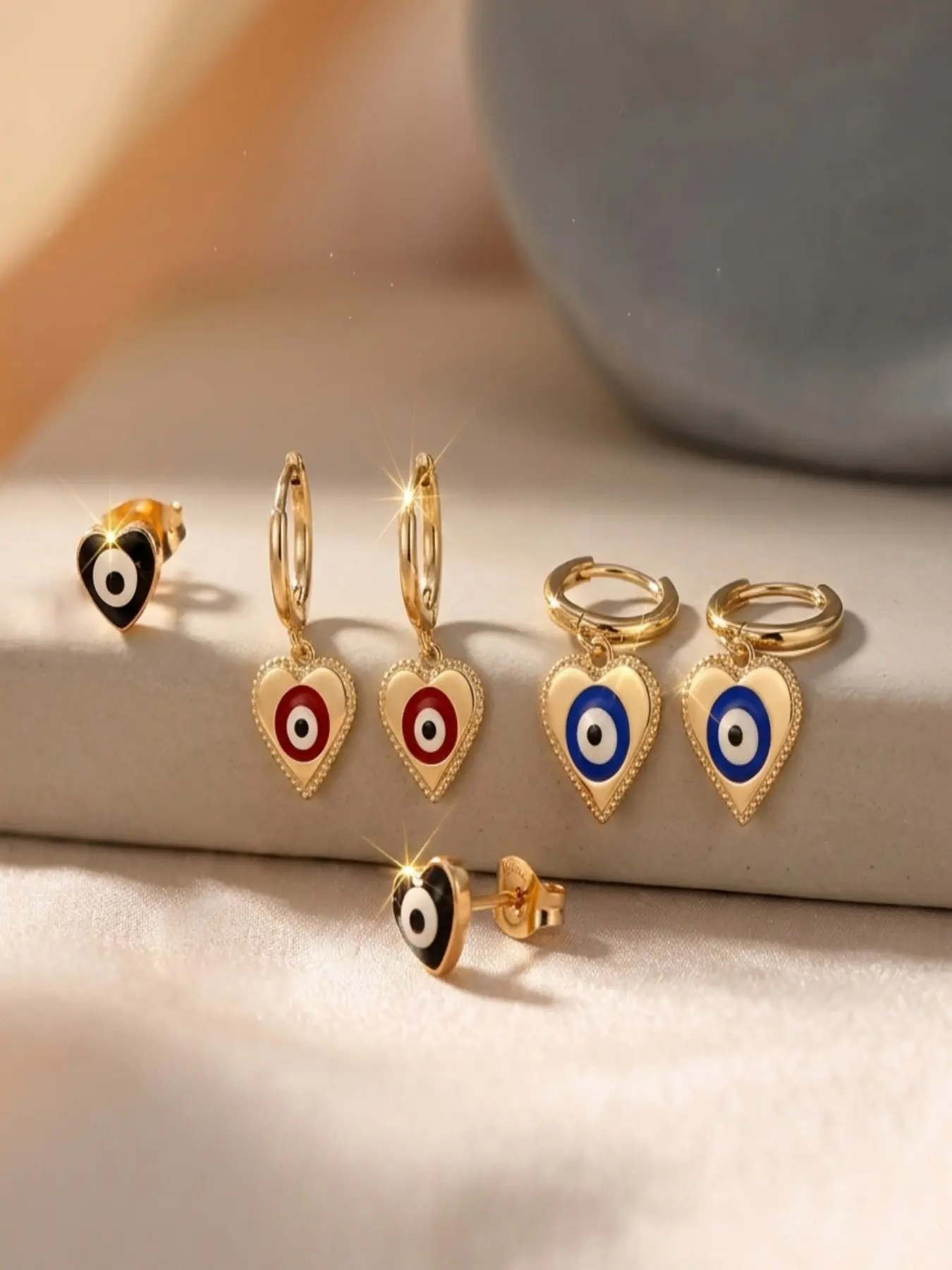 3 Pairs Women's Fashion Versatile Earrings, Heart Devil Eye Ear Cuffs Set, Turkish Ethnic Style, Stackable Lucky Gift Jewelry