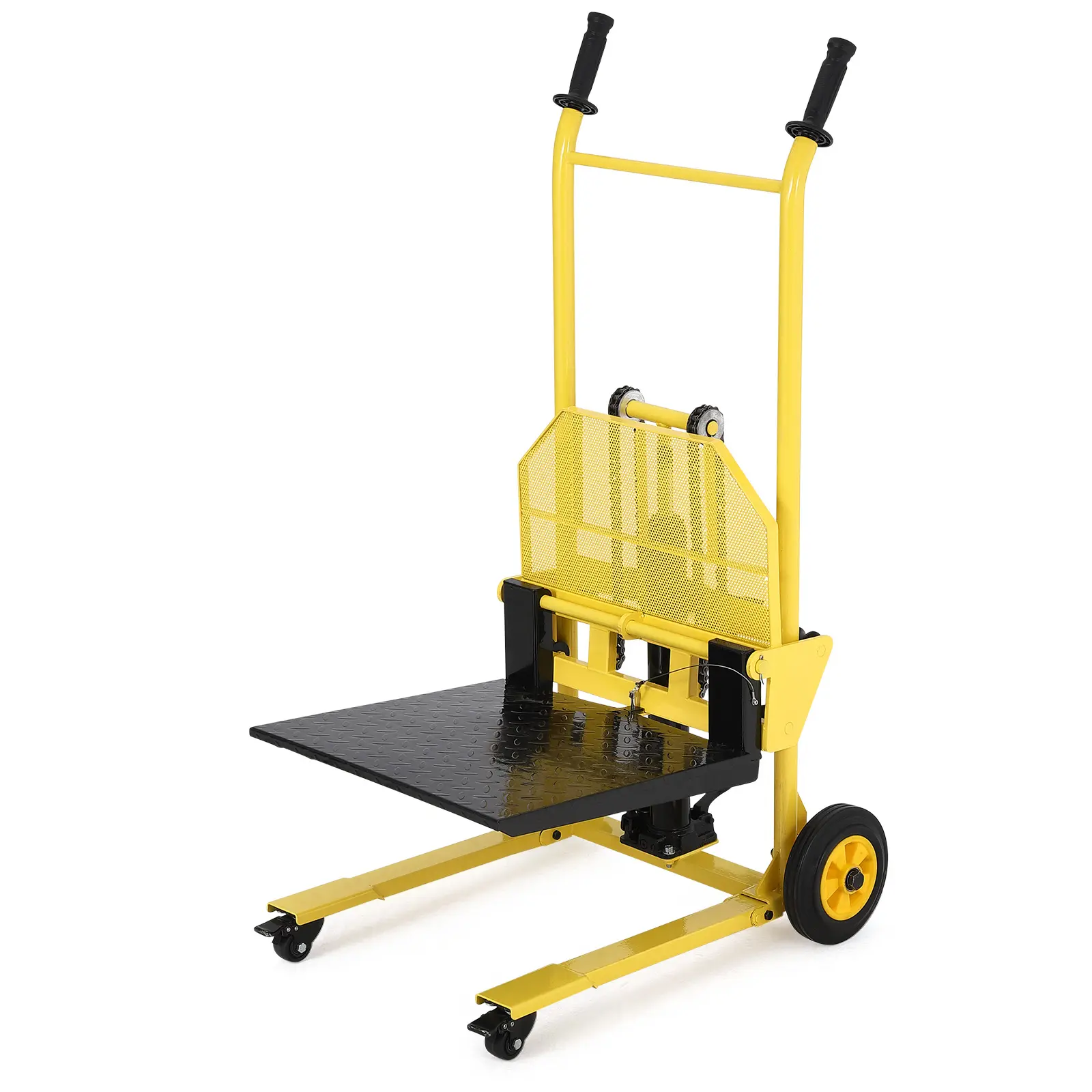 Hydraulic Platform Lift Stacker Cart, 440 lb Capacity, 36 in Max Lift Height, Steel Platform w/ 18.5 in Forks, Lockable Swivel Casters, Manual Material Handling Truck