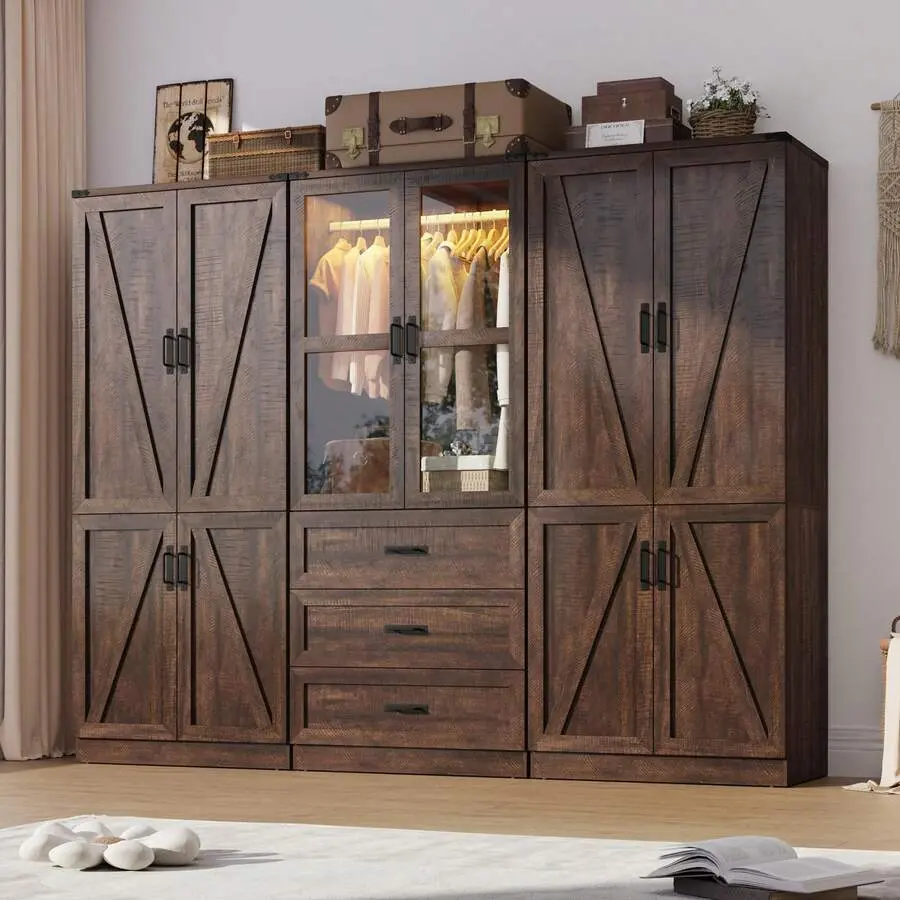 75" Tall Farmhouse Style Wardrobe - Freestanding Closet Armoire with 2/4/6 Doors, Drawers, LED Lights, Hanging Rod, Adjustable Shelves, Durable Compartments for Bedroom Storage, Free Standing Closet, Farmhouse Style Wardrobes