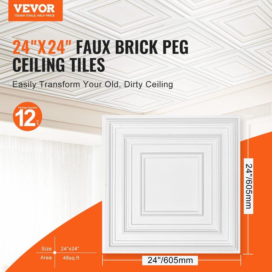 VEVOR Ceiling Tiles, 12-Pack 24x 24 in, Drop Ceiling Tiles Premium PVC Sheet, Easy Installation/ Cutting Plastic Glue-up Ceiling Tile, Ceiling Covering for Home/Office Decoration, White Peg Pattern