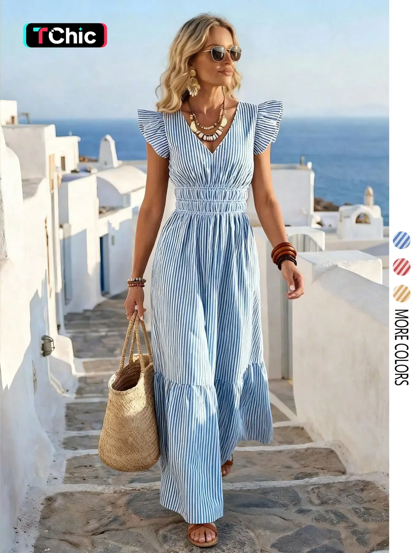 Women's Summer Slim-Fit Boho Striped V-Neck Dress for Vacation and Casual Wear