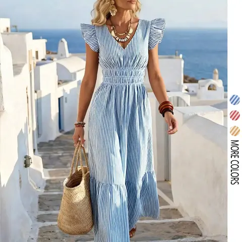 Women's Summer Striped V-Neck Waist-Cropped Dress, Slimming Fit for Vacation Travel, Casual Wear, Casual Boho Chic, Bohemian Boho Style All Seasons Wear, Boho Aesthetic