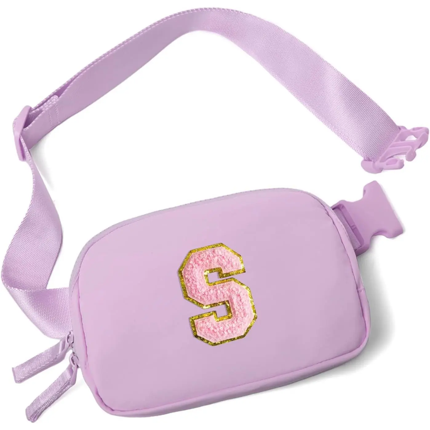 Belt Bag Two-Way Zipper Fanny Pack Crossbody Bags with Initial Letter Patch Cute Stuff for Teenager Girls Trendy Preppy Stuff for Teen Girls Birthday Gifts Cool Stuff for Teens (Lavender-S)