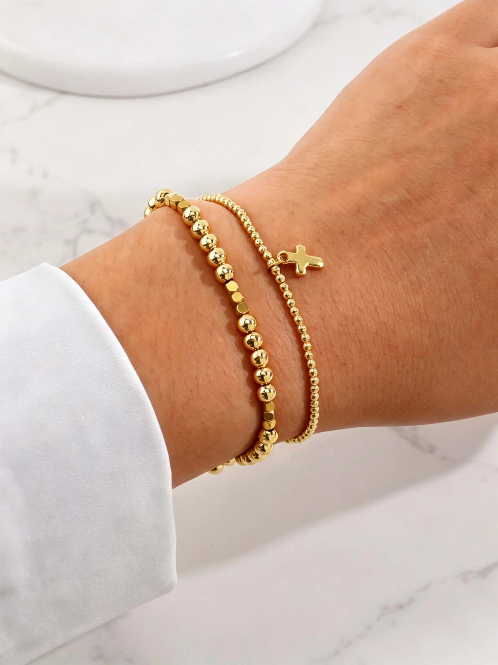 2pcs Gold Round Bead Stackable Bracelets Gift Box Mixed Size Double Layer Bead Wrist Bands For Mature Women Office Tea Party Wear Polished Anti Tarnish Luxury Texture Holiday Gift Jewelry