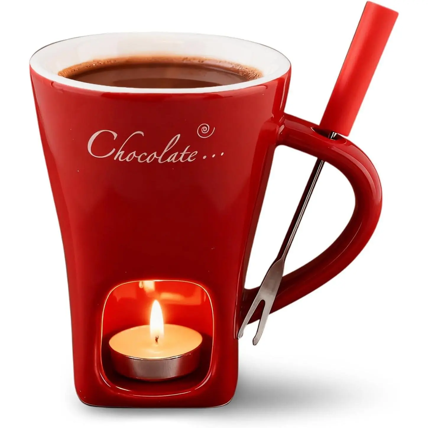 Melting Cup Set, Fondue Mug Mini Ceramic Multifunction Pot Hot with Fork Candle for Melted  Cheese Butter fits  Party Birthday Date Night Wedding Gifts(COLOR:Red)