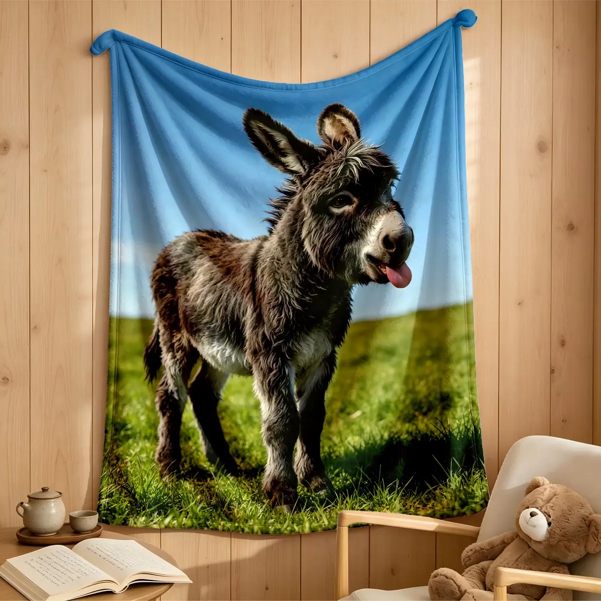 Tongue-out Donkey Pastoral Scenery Print Flannel Blanket, Flannel throw blankets, soft comfortable, all-season usable & machine washable, Fit for camping, travel, home decor, office, car, birthday gift for family, friends and couples