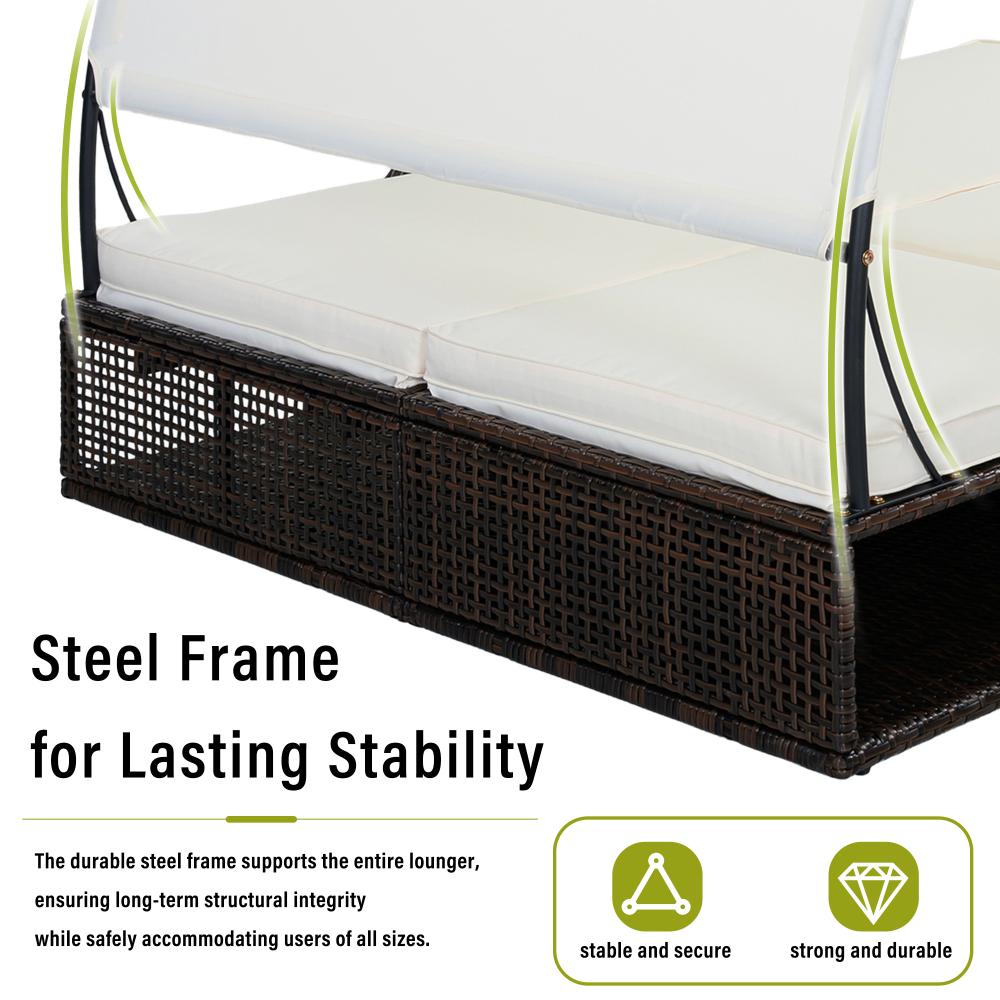 Outdoor steel-frame sun loungers with adjustable backrests; double patio sunbeds featuring hidden side tables and curved armrests; ideal for patios, pool decks, gardens, backyards, and other outdoor spaces Outdoor steel-frame sun loungers with adjustable backrests; double patio sunbeds featuring hidden side tables and curved armrests; ideal for patios, pool decks, gardens, backyards, and other outdoor spaces