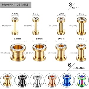 IRONBOX 6Pairs 00Gauges Ear Tunnel Expander Earrings Stainless Steel With Ziecon 0G Ear Plugs Earrings 2G Ear Stretcher Piercings Jewelry 14G-00G Double Flared Screw Fit Ear Gauges Set