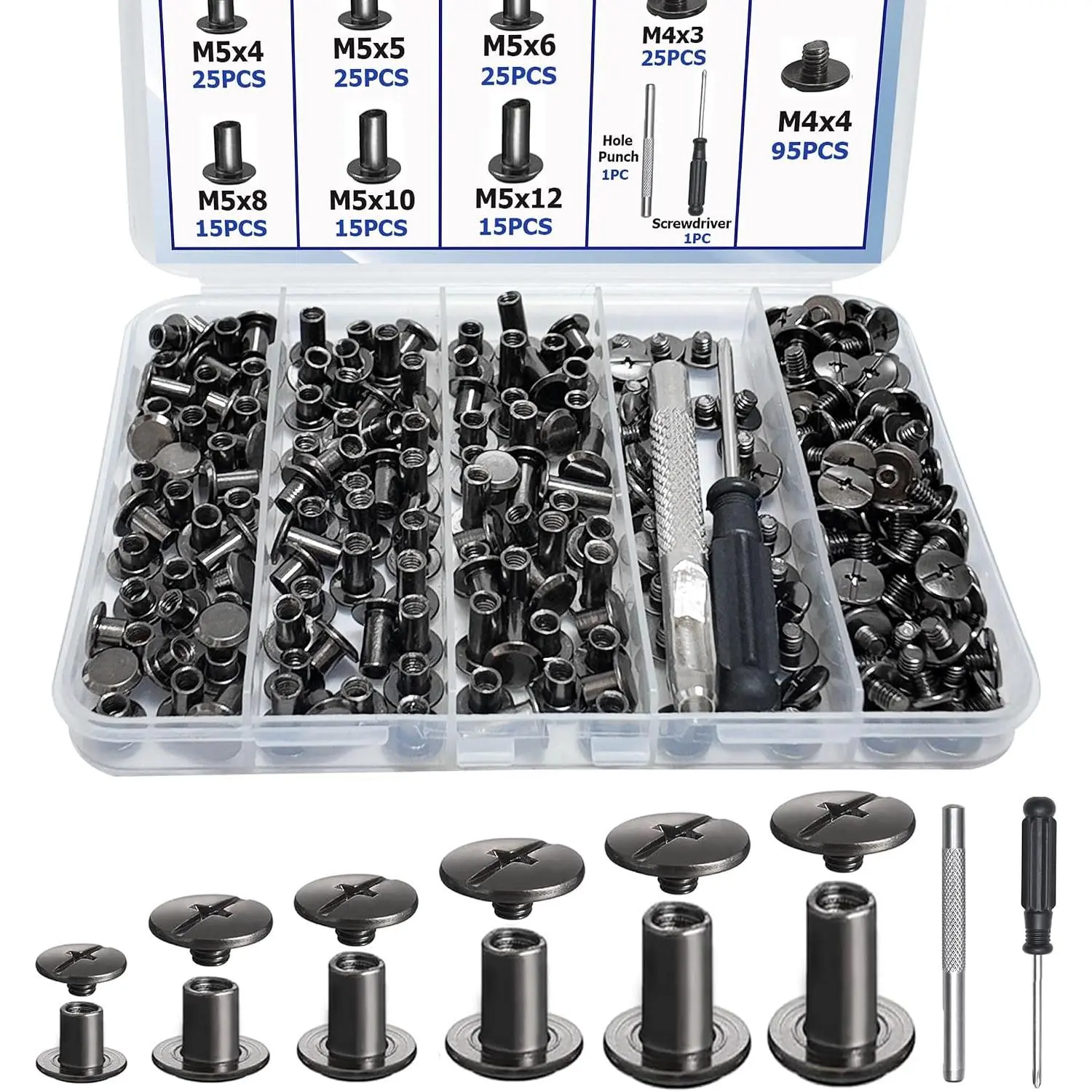120 count Chicago Screws for Leather, Carbon Steel for Leather Repair | 6 Sizes Screw Rivets, M5x4/5/6/8/10/12, Burr-Free Finish, Easy Install & , for Belts, Wallets, Bookbinding, Diy