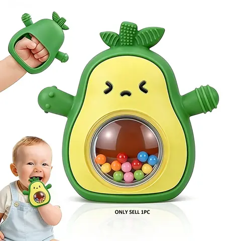 cute avocado Shaped Newborn Infant Baby Teething Rattle, Multi-Textured Silicone Fruit Teether with Multiple Chew Points, Hand Grip Rattle Teether, baby teether toy, Sensory Play Toy, Gift