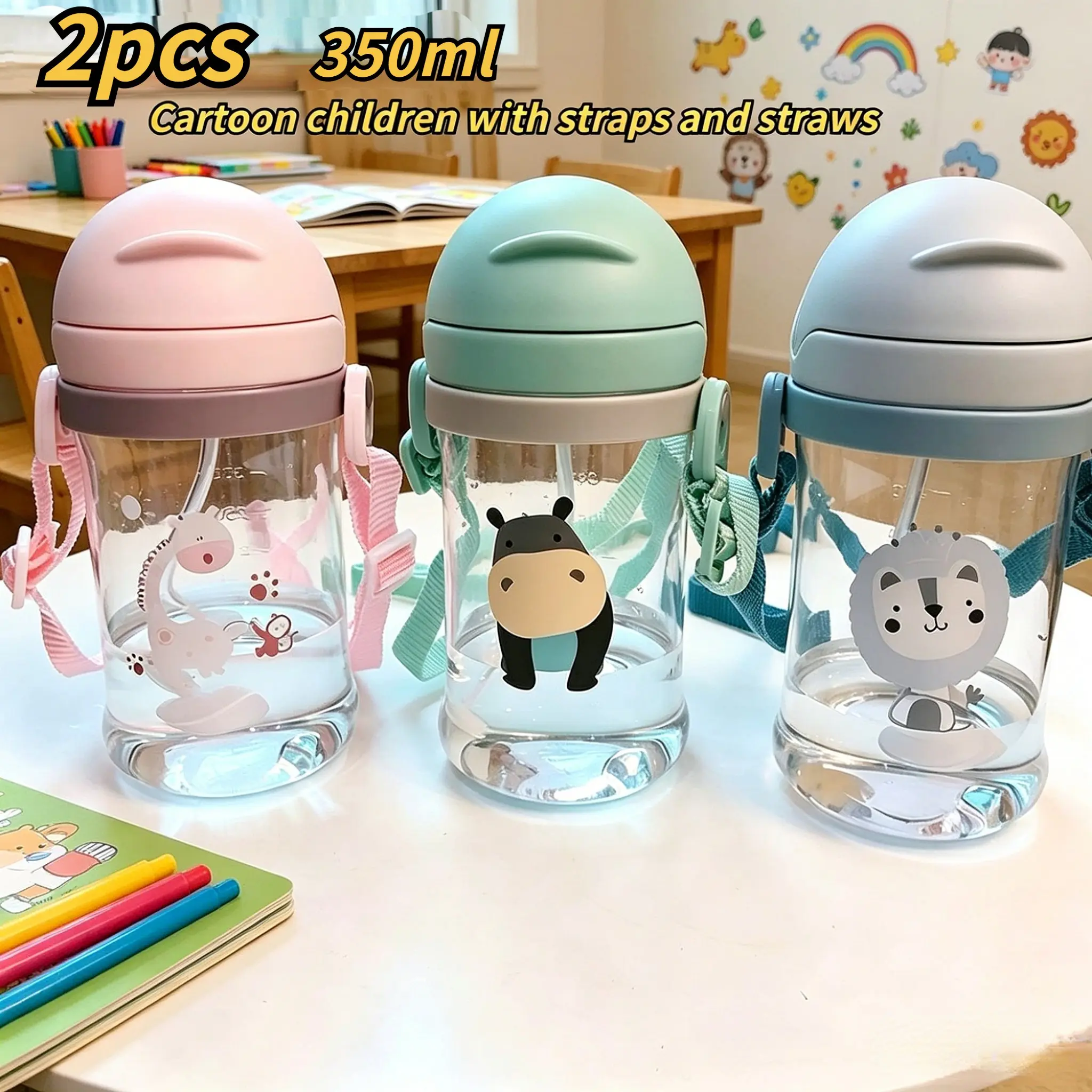 2pcs Cartoon Stride Water Cup, Anti-Drop Strap, Measuring Straw Cup, Bite-Suction, Prevents Choking, Ideal for Kids