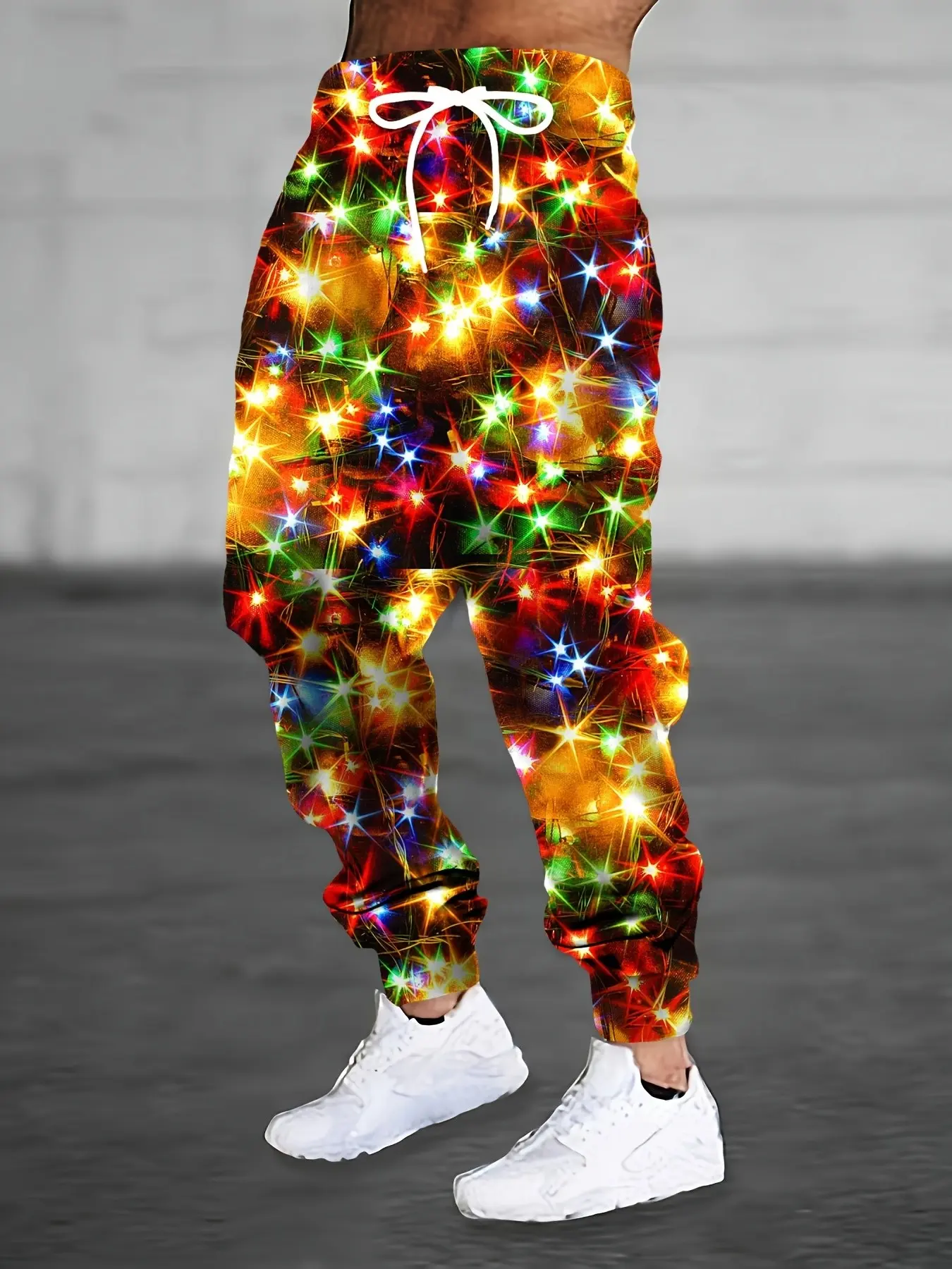 Men's Christmas Colorful Starlight LED Full Print Cargo Pants, Drawstring Waist, Loose Fit, Fall Winter Party Casual Long Pants