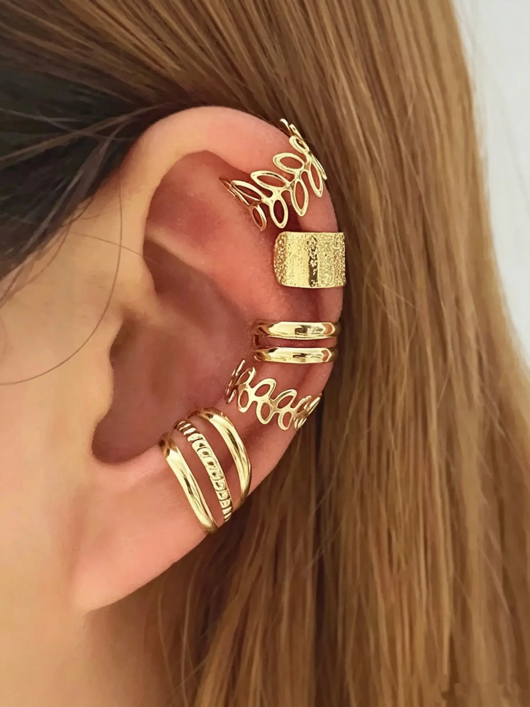 5pcs Hollow Open Cuff Ear Cuffs Set, No Piercing Silver Color Stackable Clip-On Earrings, Party Holiday Gift for Women, Non Piercing Earrings