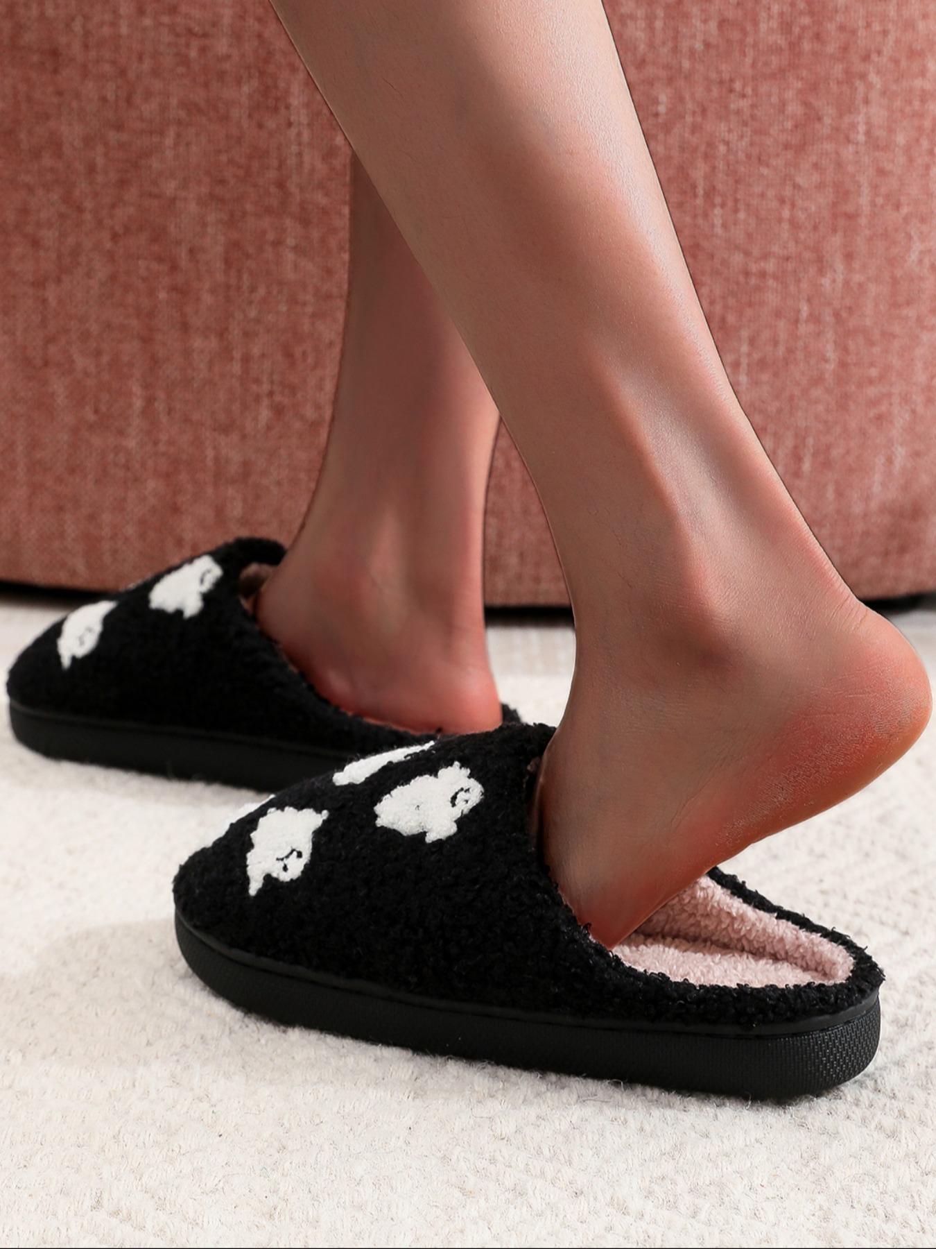 Women's Cute Cartoon Ghost Pattern Plush Slippers, Warm Casual Soft Comfortable Home Slippers, Warm Slippers for Indoor & Outdoor Use for All Seasons, Flat Slipper