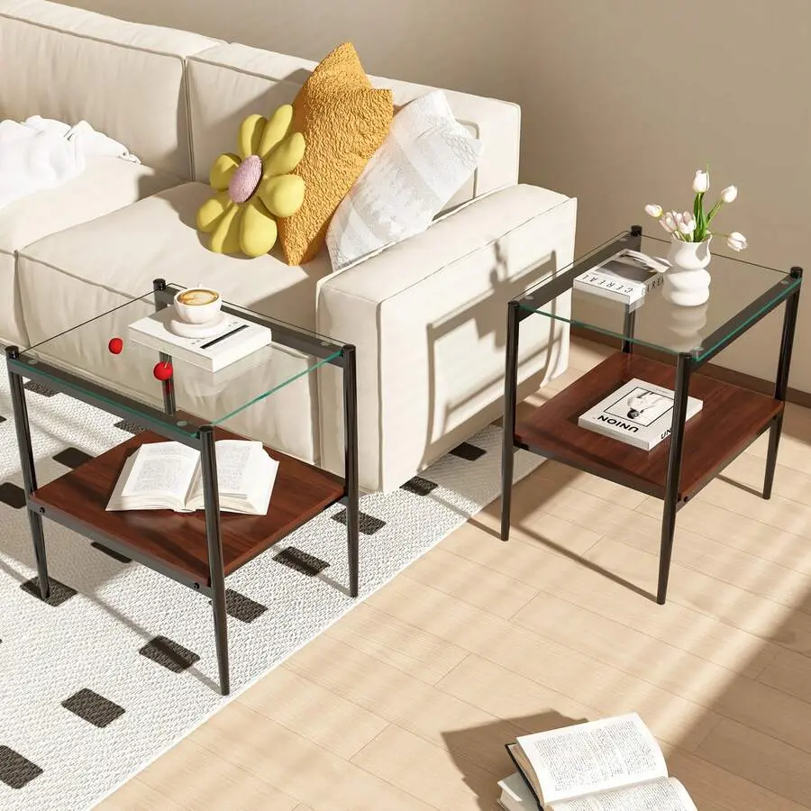 Set Of 2 Rectangle End Table, Tempered Glass Tabletop With MDF Layer, Modern Table For Living Room , Transparent Glass,Adjustable,Mobile,Standing,entryway,gaming,desk,office,,affordable,dining,bedroom,vanity,,coffee