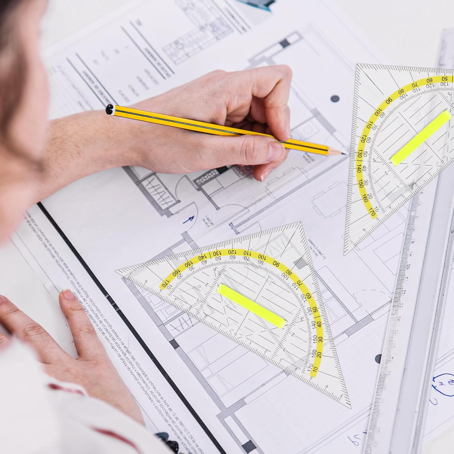 4 count Multifunctional Triangle Ruler with Handle, Plastic Triangle Ruler Protractor Geometry Set Transparent Set Square Drafting Ruler for Architectors Designers Engineers Drawing Tools