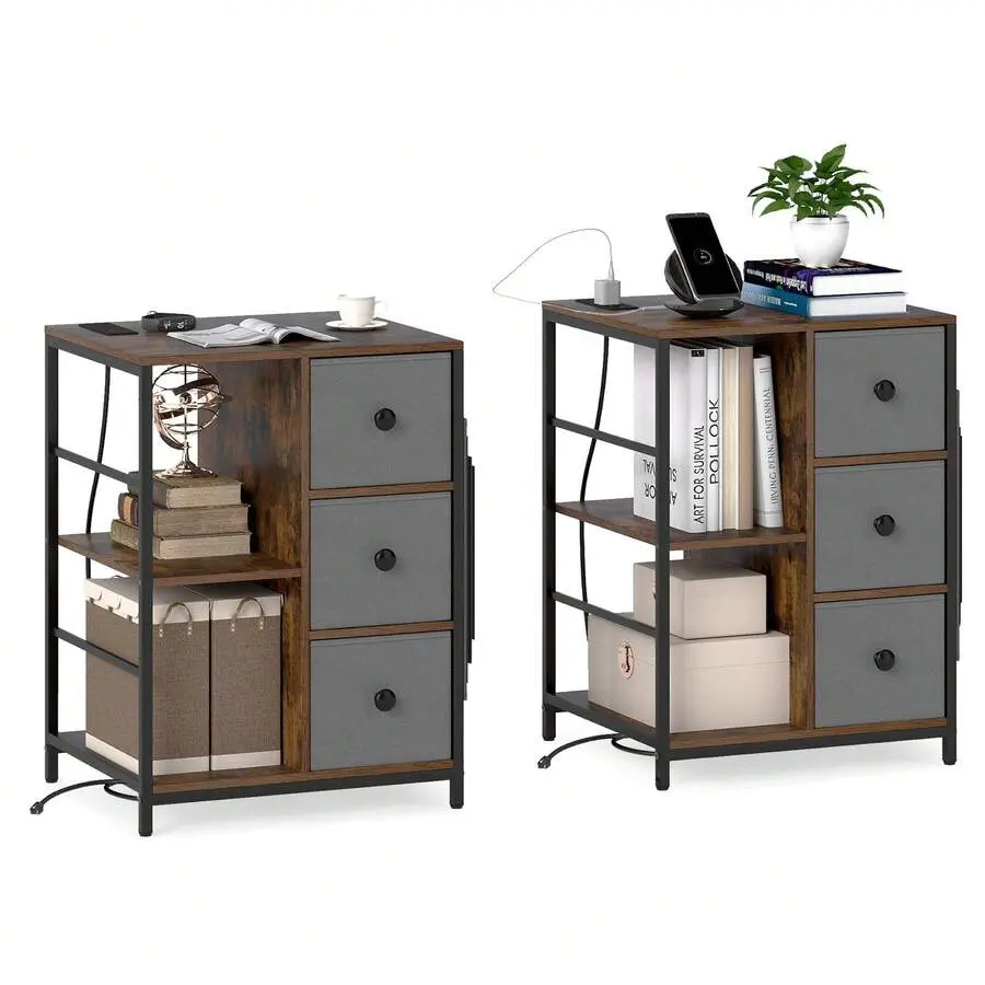 2 PCS Nightstand 3-Tier Storage End Table Bedside Table With Charging Station & Shelf