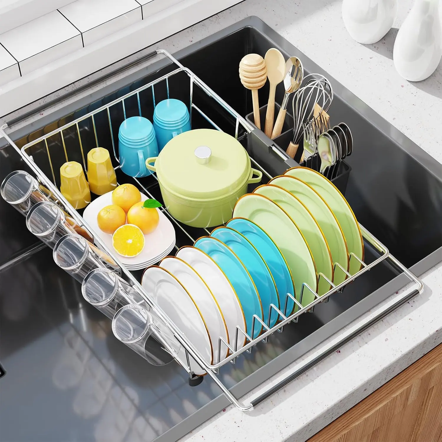 Adjustable Dish Drying Rack in Sink, Dish Drainers for Small Kitchen, Counter Inside Sink, Over the Sink with Utensil Holder