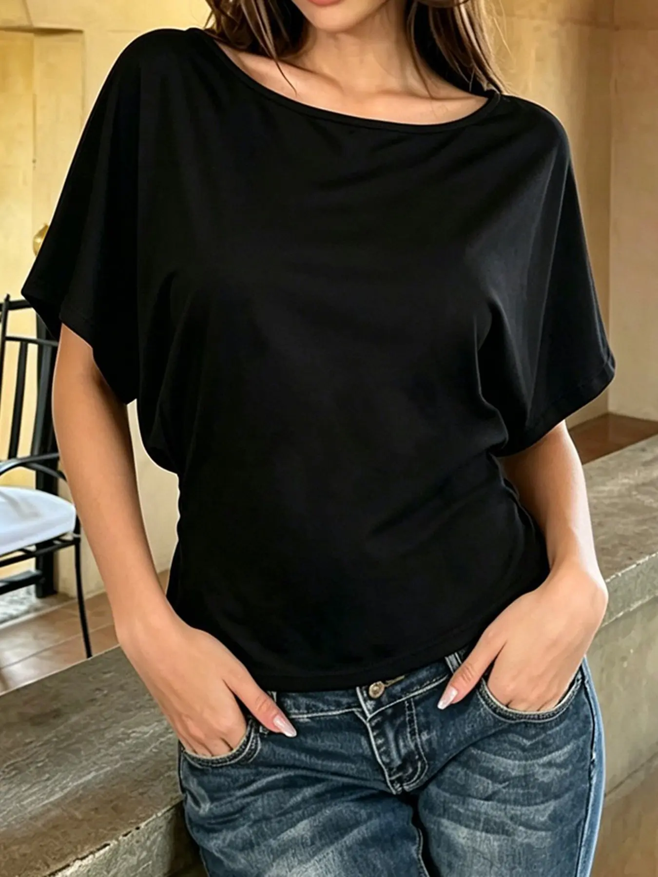Women's Asymmetrical Batwing Sleeve Top, Backless Beaded Decoration, Elastic Waist T-Shirt, Summer Casual Sexy