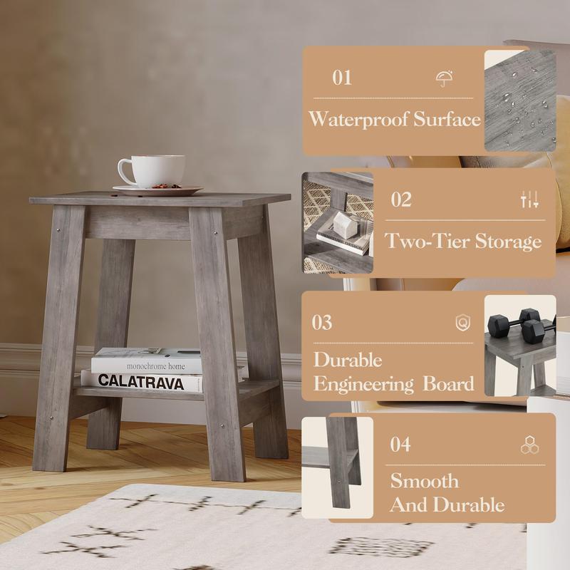 Farmhouse Rustic End Table with Storage Shelf, 2-Tier Narrow Accent Table for Living Room & Bedroom