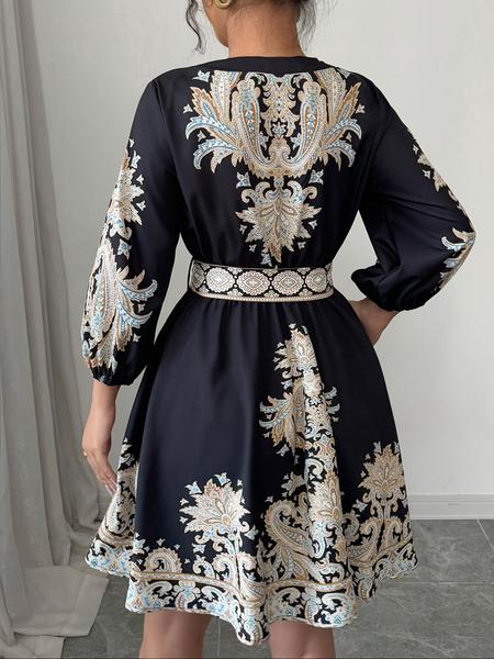 Women's Ethnic Style Floral Print Dress, Belt Detail, Casual Breathable Elegant Vacation Look, Spring Summer A-Line Long Sleeve Ruffle Hem Dress
