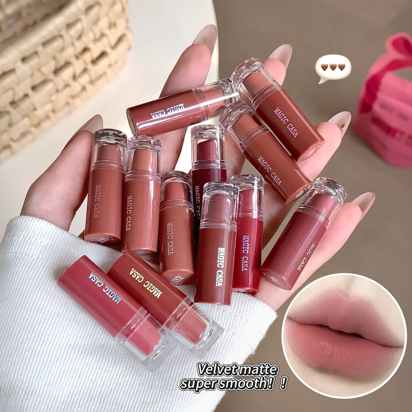 12Pcs Mini Velvet Matte Lipstick Set, Heart Bow Gift Bag Pack, 12 Shades Nude Brown Rose Tones Non-cracking Matte Lip Stick, Portable Mini Lip Makeup Kit, Birthday Valentine's Day Makeup Gift for Women Girls