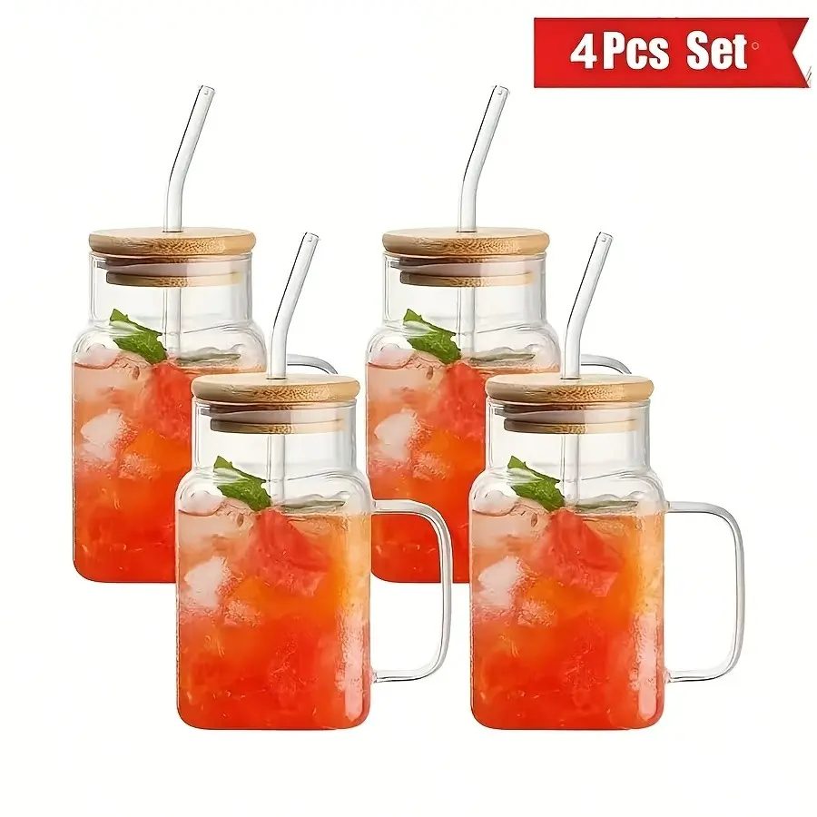 Heat-Resistant Glass Square Cup Set with Lid and Straw, Leak-Proof Design, Ideal for Milk Tea, Cold Drinks, Smoothies, Office, Travel, Parties