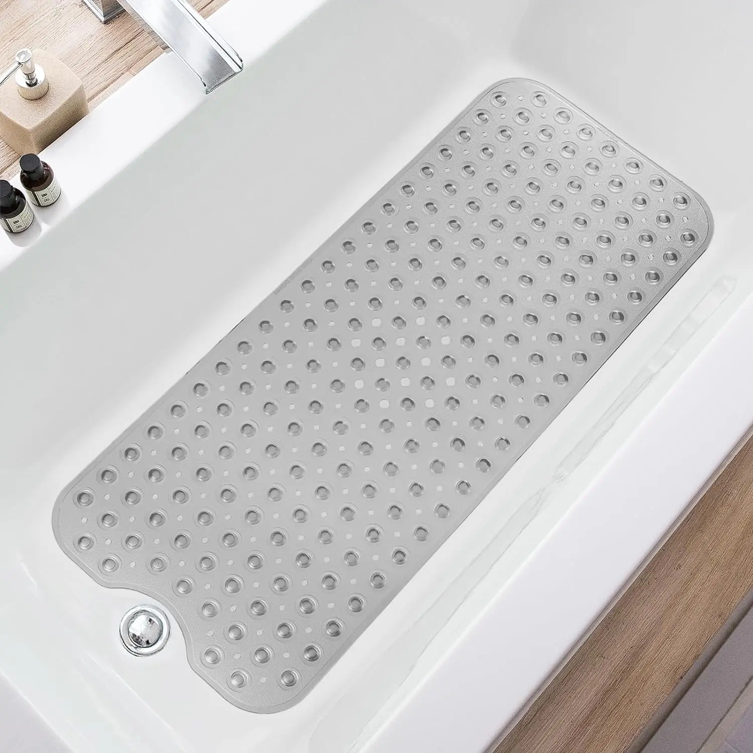 XL Size Anti-Slip Grip Bath Mat with Pebble Texture, Drain Holes, Suction Cups, 39x16in Machine-Washable Mat for Bathtubs Showers (Clear Grey)