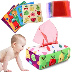 Baby Toys 6 to 12 Months Tissue Box Toy Montessori for Babies 6-12 Months, Soft Stuffed High Contrast Crinkle Infant Sensory Toys, Boys&Girls Kids Early Learning Gifts