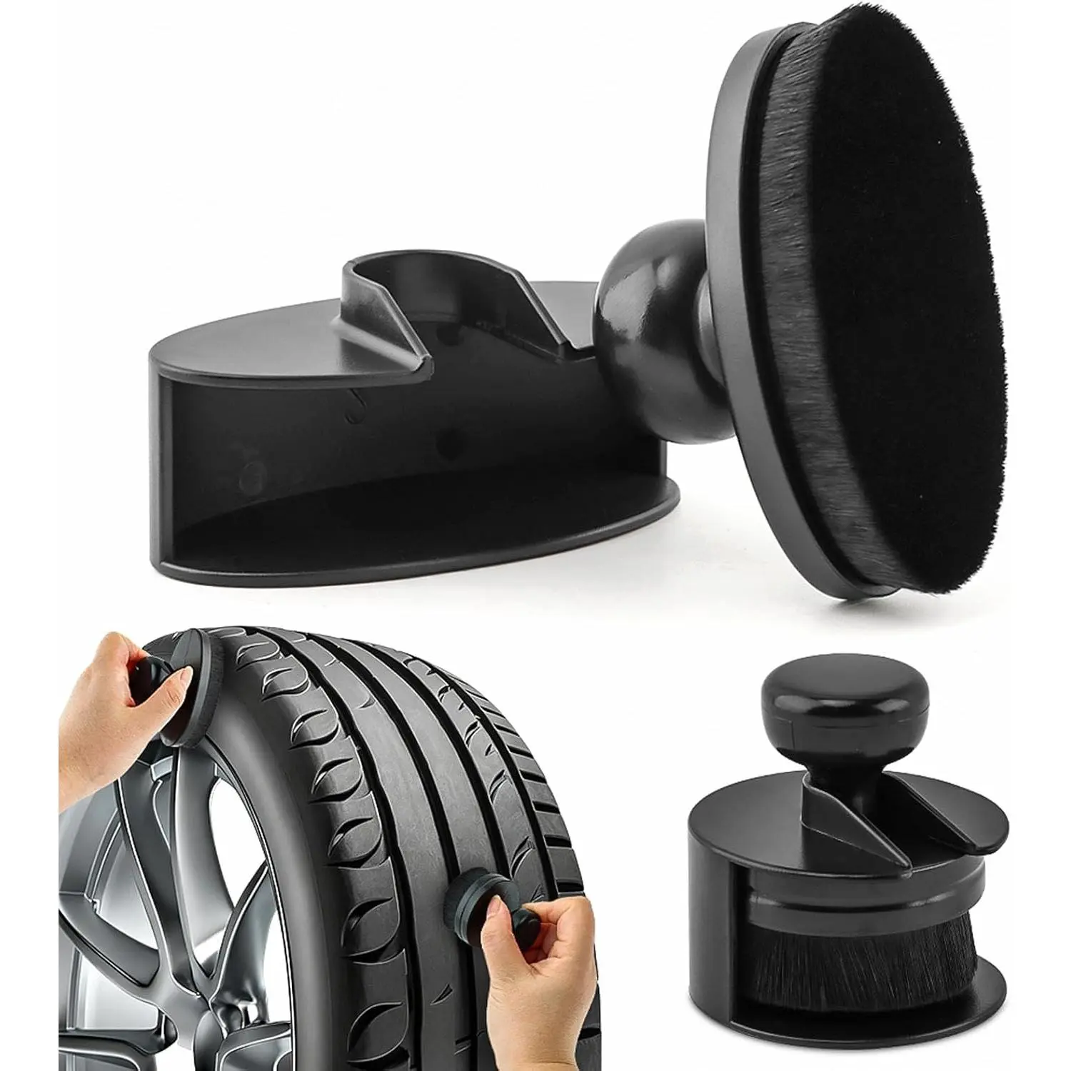 2 count  Tire Shine Applicator,Round and Curved Brushes with Storage Stand Automotive Tire Dressing Applicator Brush for Auto Detailing Cleaning Service
