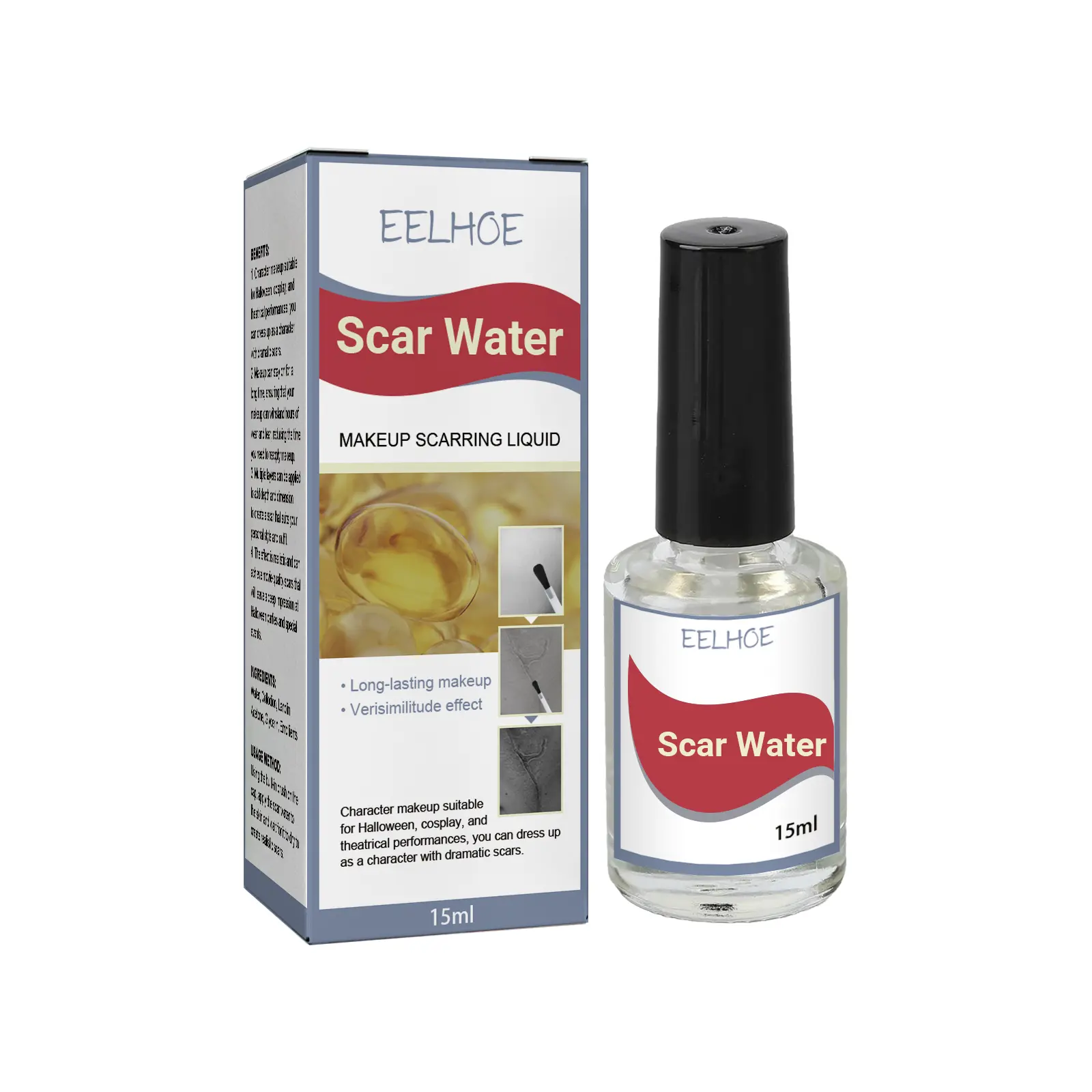 EELHOE Scar Makeup Liquid with Built-in Brush, Realistic Fake Wound SFX Cosmetic for Halloween, Cosplay